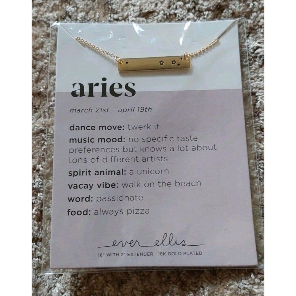 Aries Zodiac Bar Necklace 18K Gold Plated Ever Ellis 16" March 21 - April 19